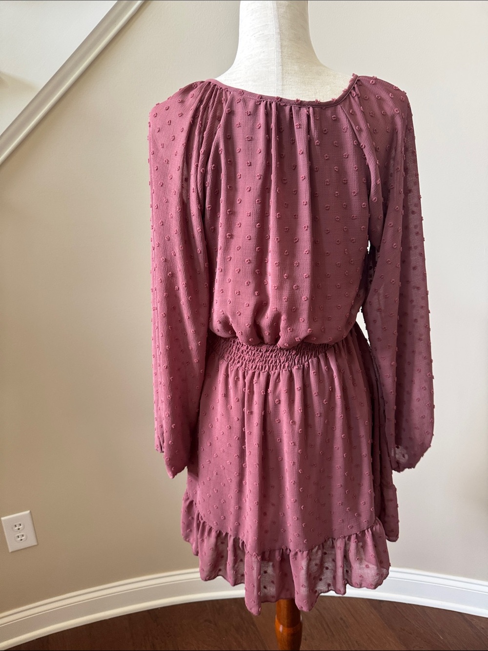 Altar'd State Dusty Rose Swiss Dot Long Sleeve Tie Neck Dress - Picture 5 of 8